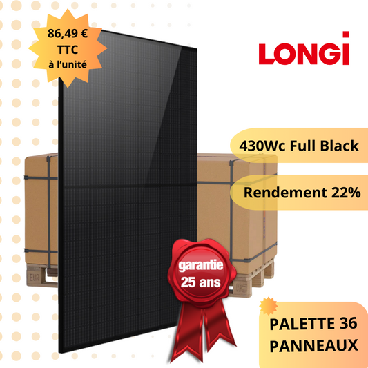 Une palette (36) Panneaux solaires LONGi 430Wc Full Black à 86,49 € TTC/unité - Garantie 25 ans